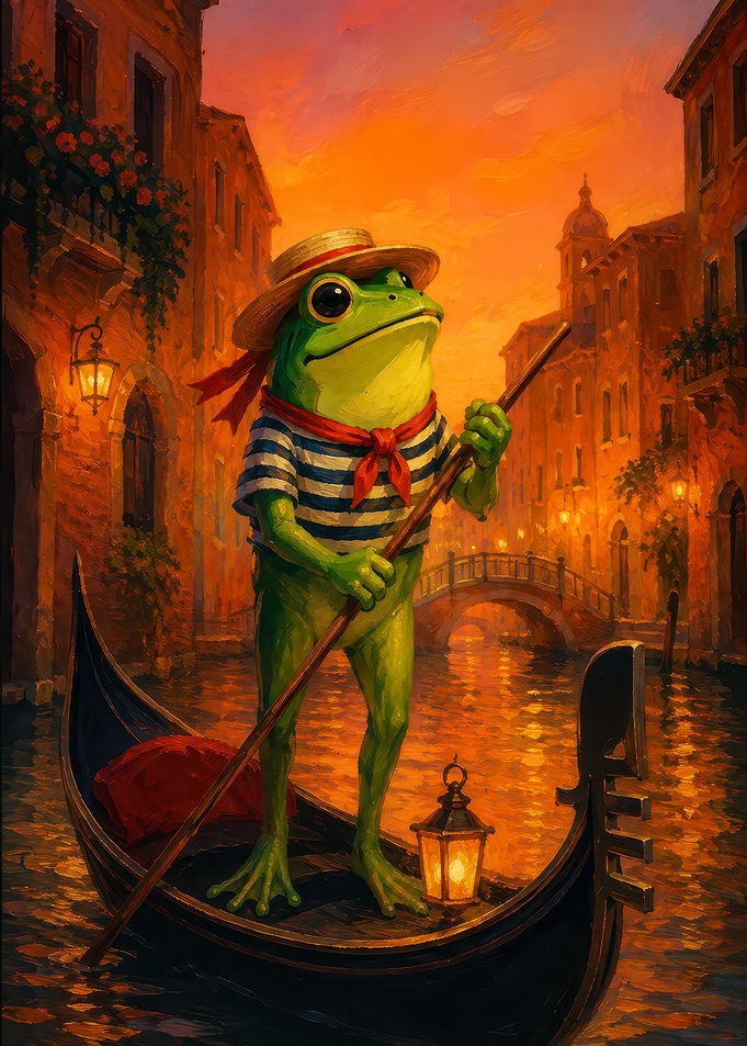 Frog Gondolier in Venice at Sunset