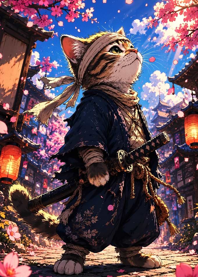 Cute Samurai Cat in Cherry Blossoms