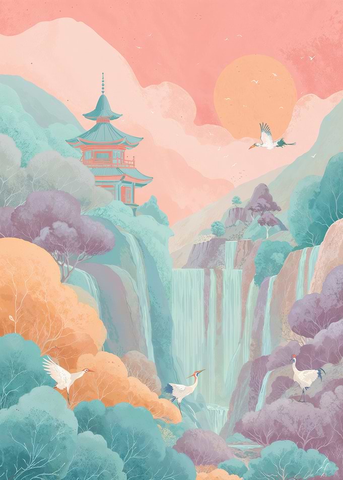 Traditional Asian pagoda with waterfalls and cranes