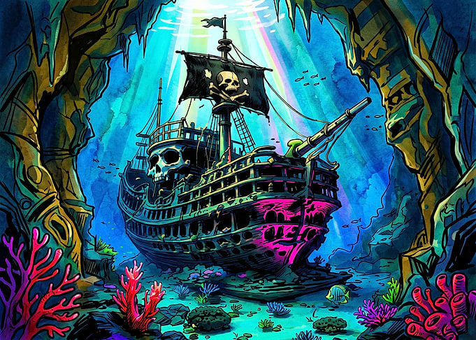 Sunken Pirate Ship in Underwater Cave