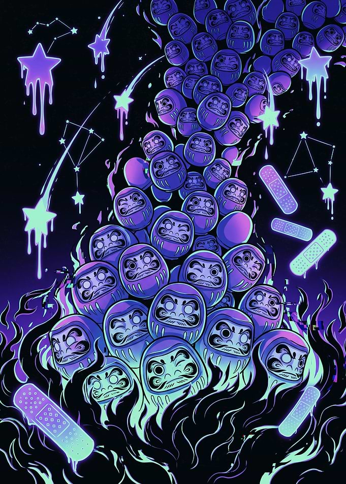 Neon Daruma Doll Cascade Illustration