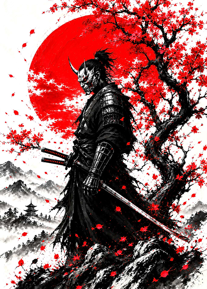 Oni Samurai Under Red Moon