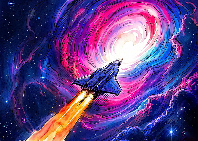 Spaceship Entering a Colorful Nebula