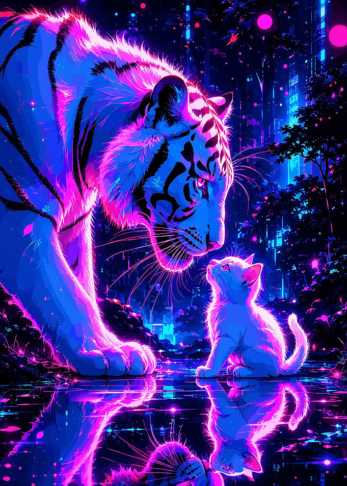 Neon Tiger and Kitten Encounter
