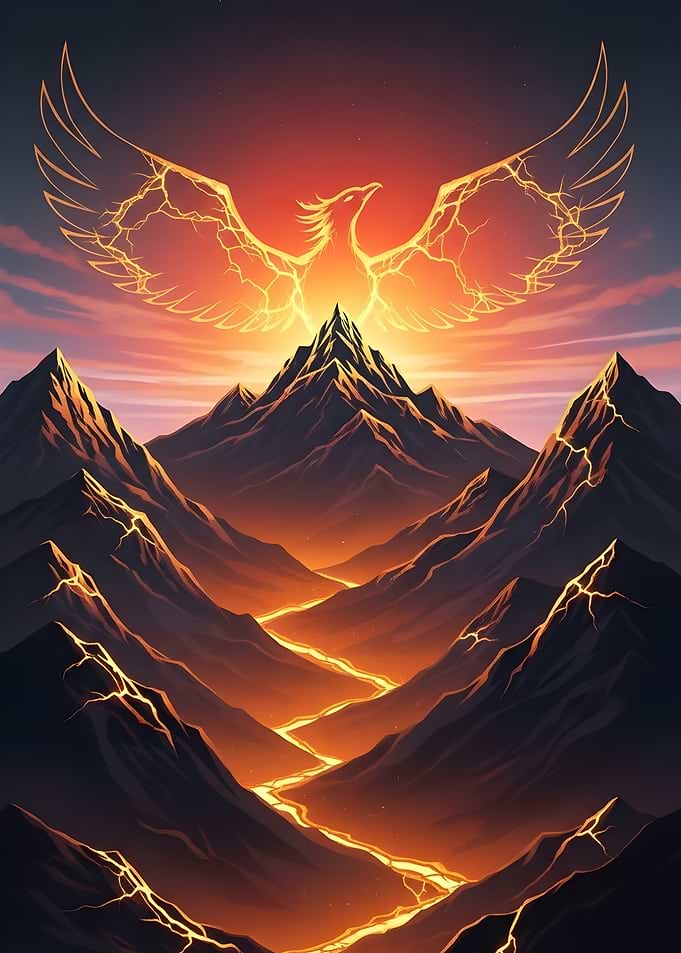 Fiery Phoenix Rising Over Mountains
