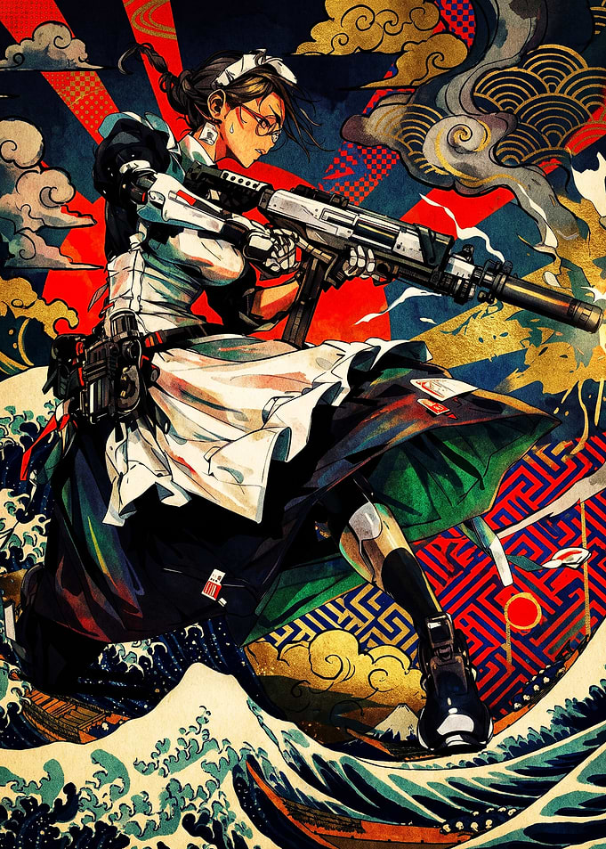 Cyberpunk Maid Warrior with Assault Rifle