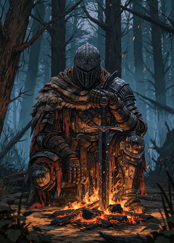 Knight Resting by a Campfire