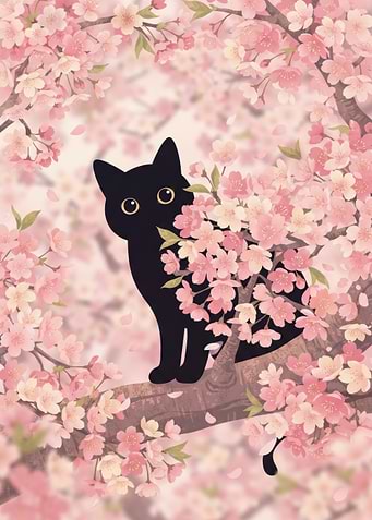 Black Cat in Cherry Blossoms