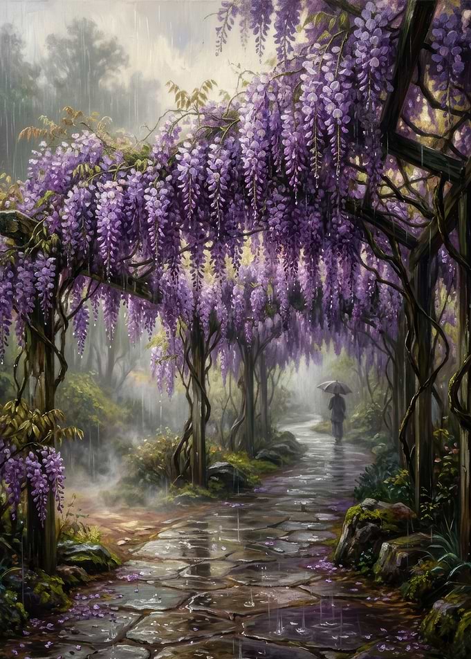 Rainy Wisteria Garden Path