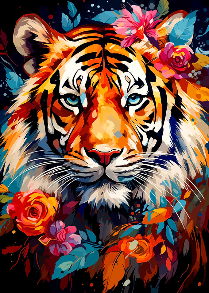 Vibrant Tiger Portrait with Floral Accents