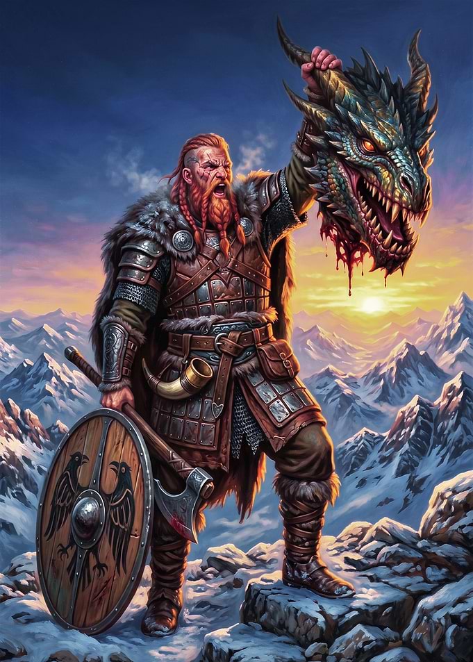Viking Warrior Holding Dragon Head
