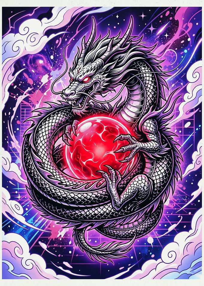 Cosmic Dragon Holding Glowing Orb