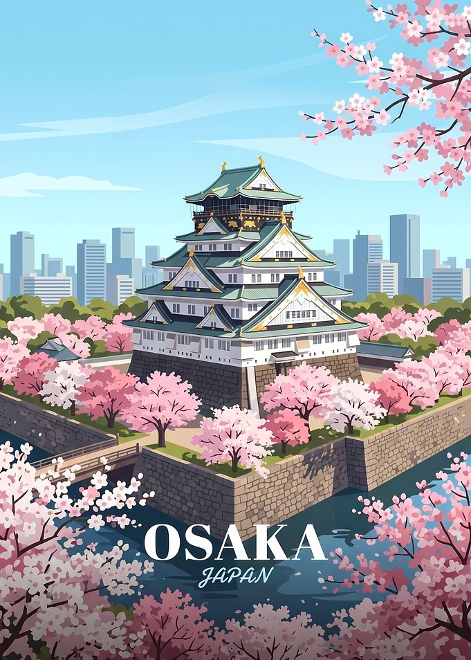 Osaka Castle Cherry Blossom Illustration