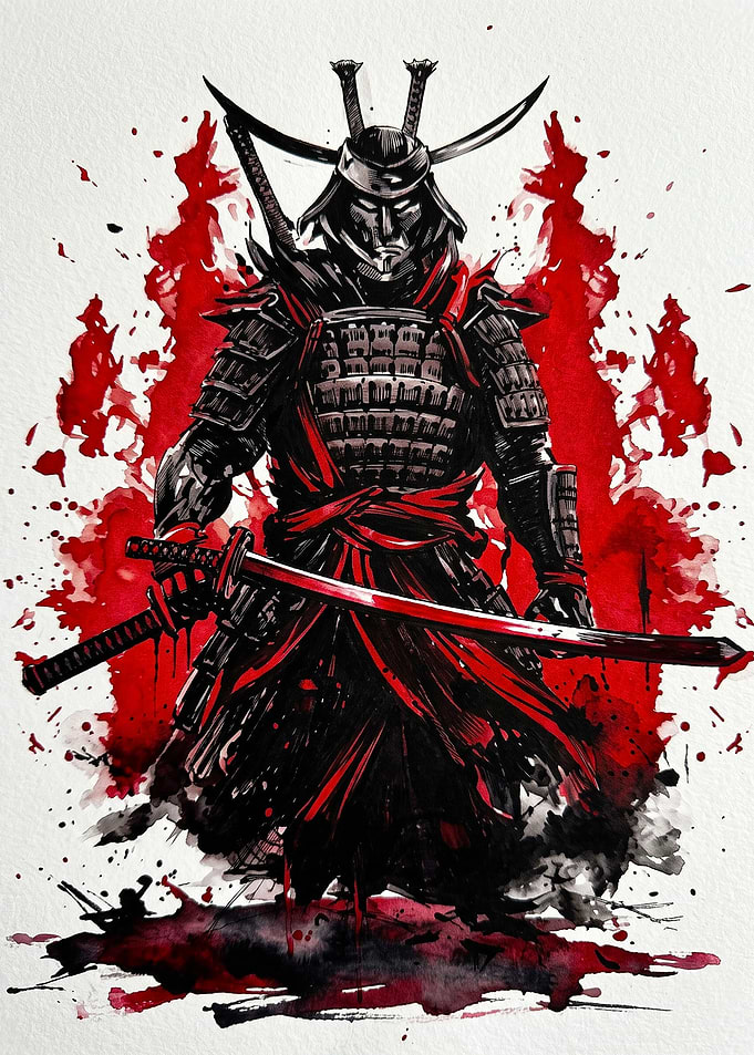 Samurai Warrior with Red Ink Splatter
