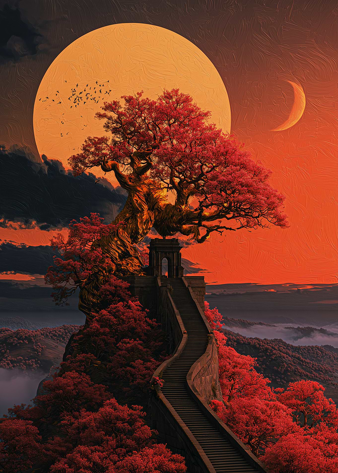 Red Tree on Stone Staircase
