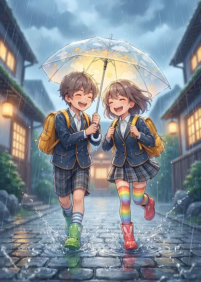 Happy School Children Playing in Rain