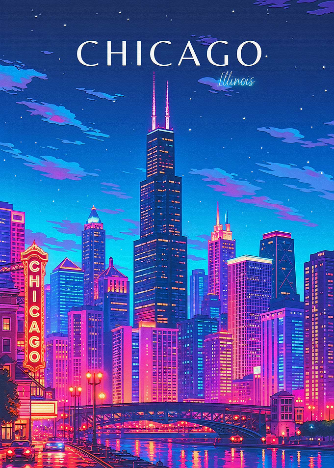 Neon Chicago Skyline Night Poster