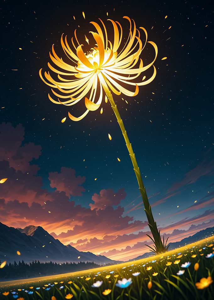 Glowing Golden Spider Lily at Twilight Landscape