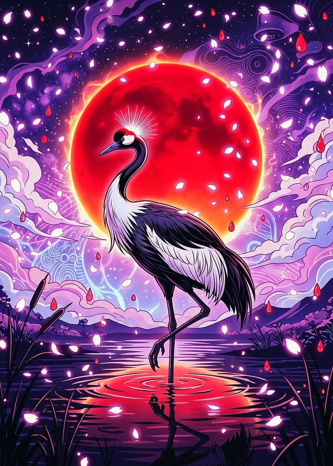 Red Sun Crane Japanese Art