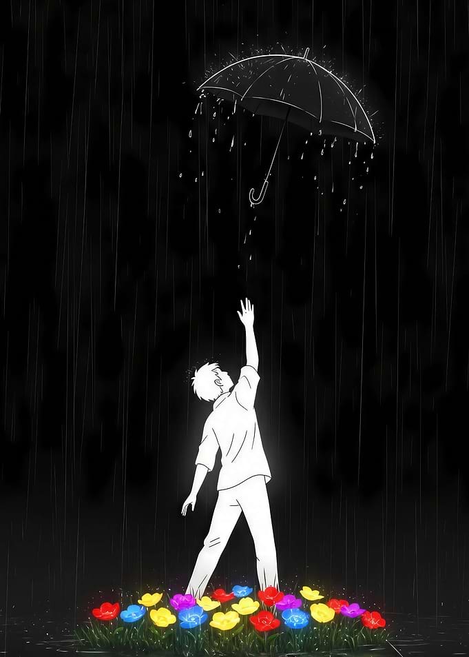 Boy Reaching for Glowing Umbrella