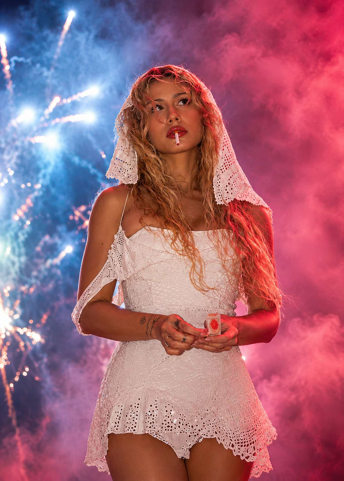 Slayyyter in White Lace Dress