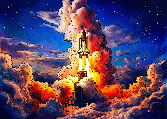 Space Shuttle Launch Watercolor Illustration