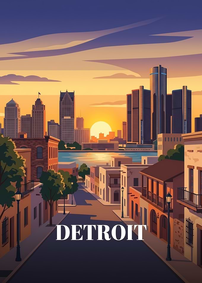 Detroit Cityscape Sunset Travel Poster