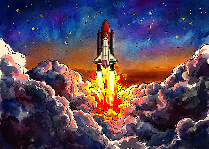 Space Shuttle Launch Watercolor Illustration