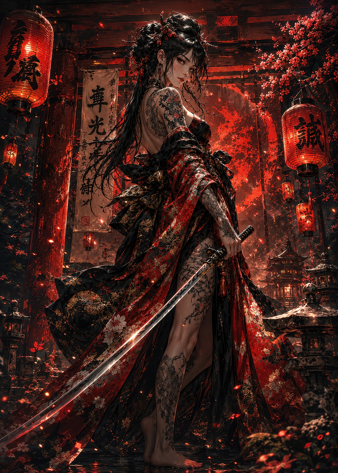 Tattooed Samurai Woman in Red Shrine