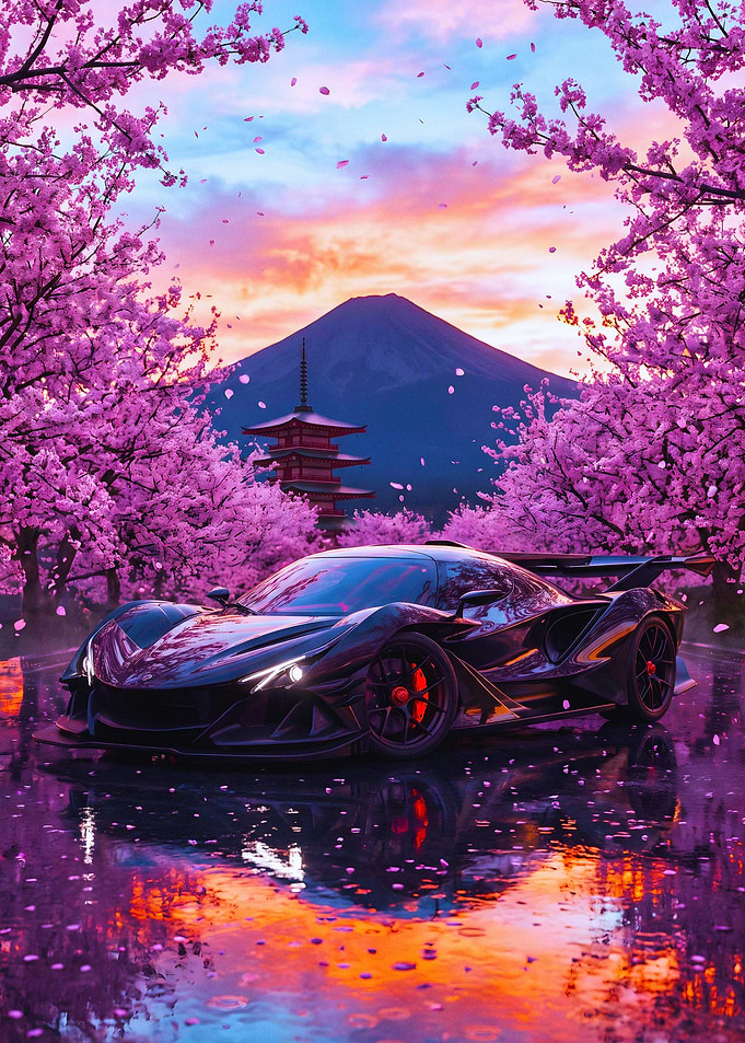 Supercar Under Cherry Blossoms at Sunset