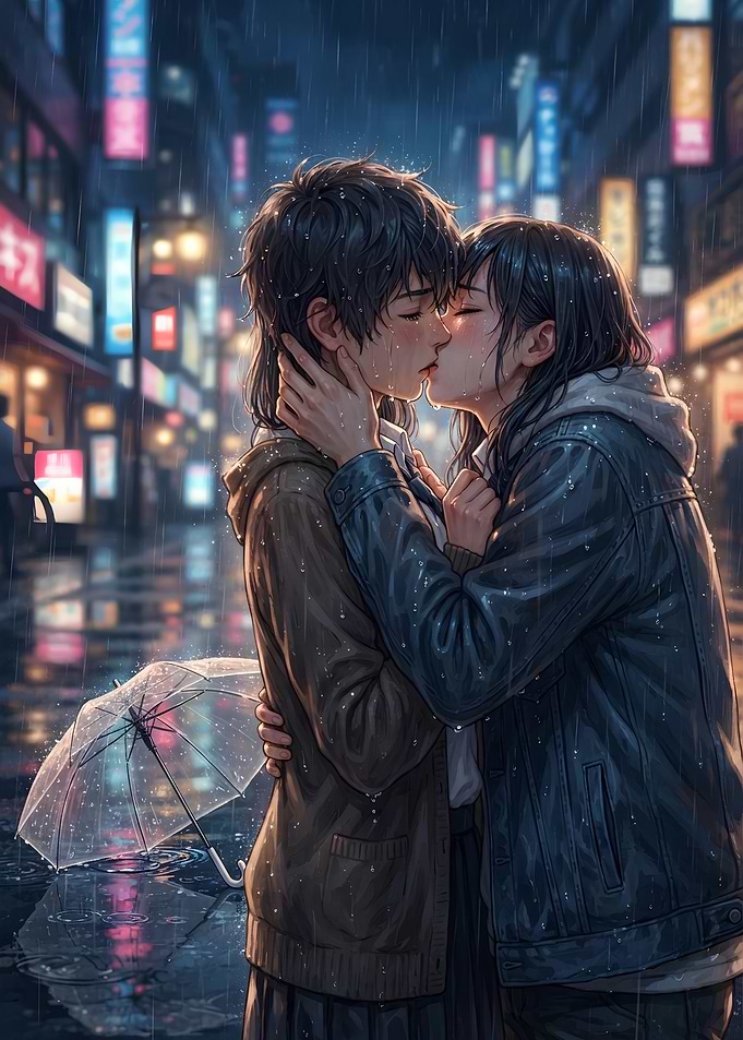 Romantic Kiss in Rainy City Street