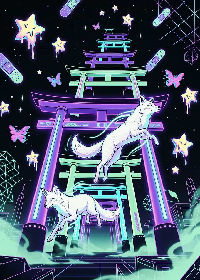 Neon Cyberpunk Fox Torii Gates
