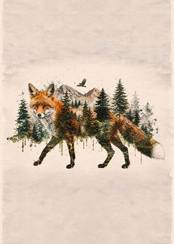 Double Exposure Fox Forest Art