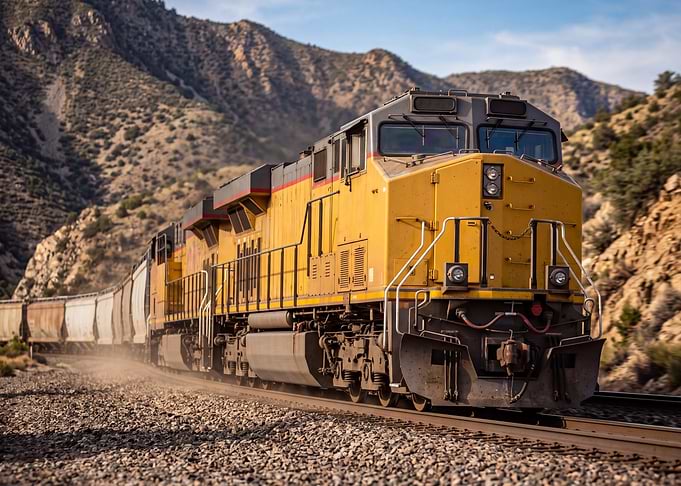 Yellow Freight Train in Mountain Pass