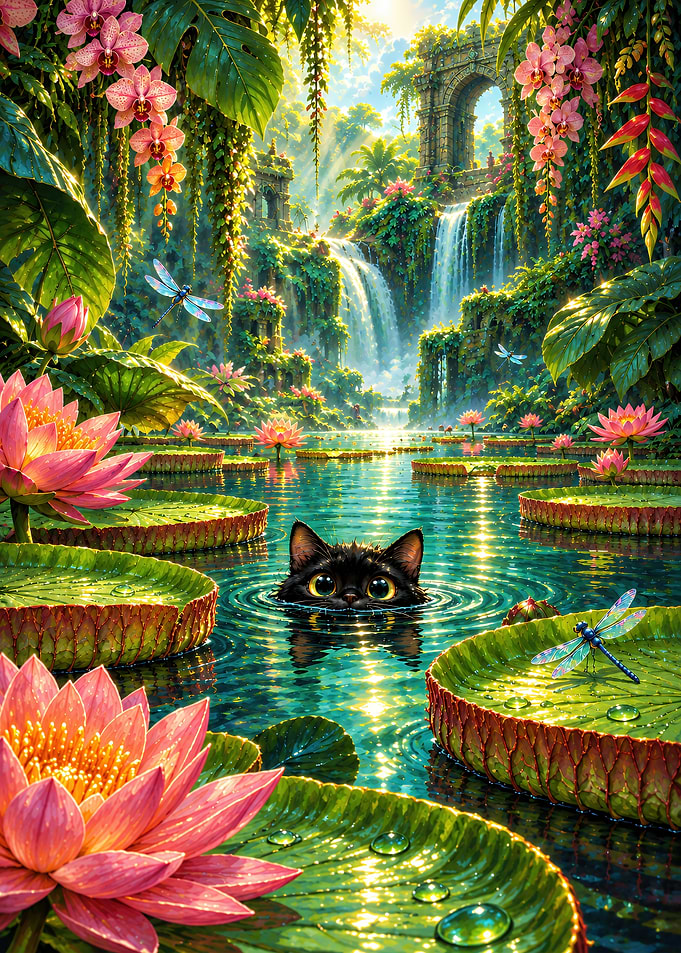 Black Cat in Enchanted Lotus Pond