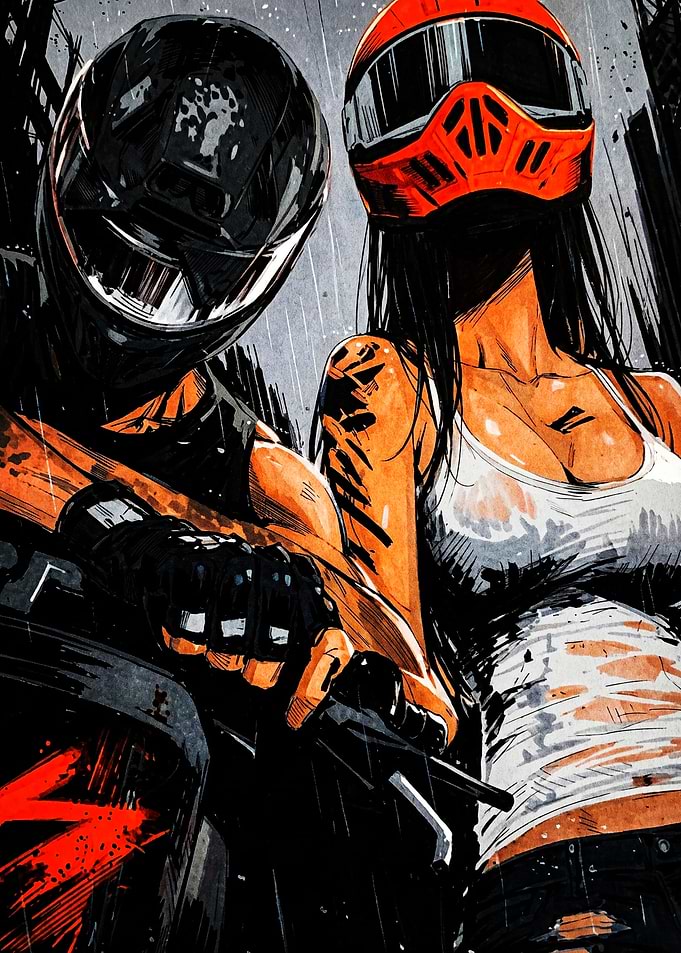 Biker Couple Urban Art Illustration