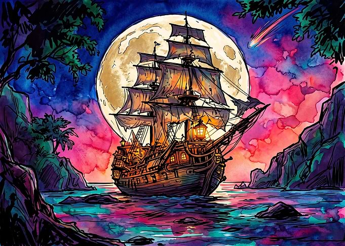 Galleon Sailing Under a Giant Moon