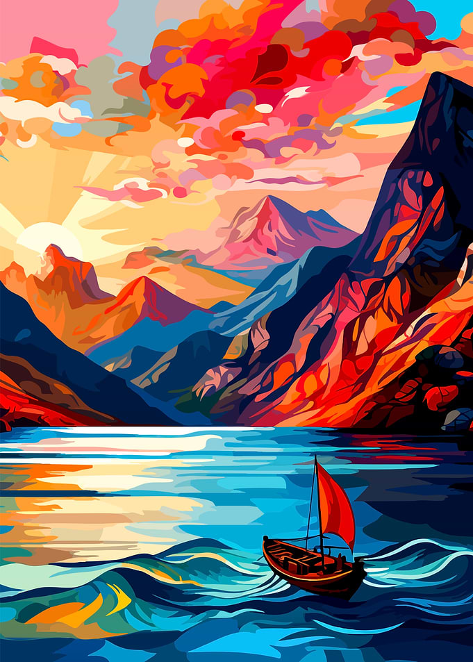 Vibrant Abstract Mountain Lake Landscape