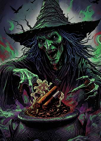 Witch Brewing Cigars in Cauldron