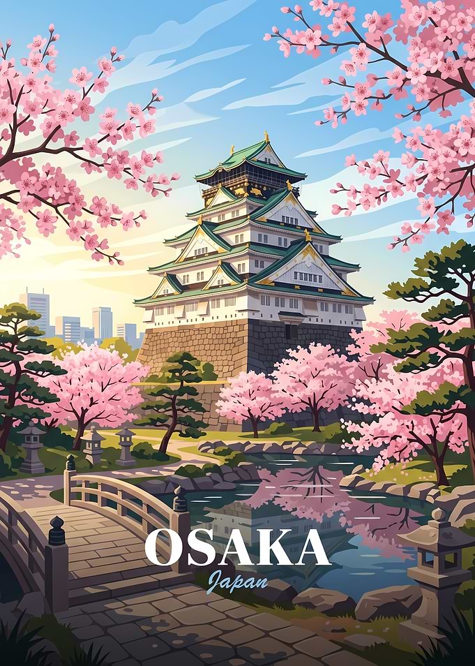 Osaka Castle Cherry Blossom Travel Poster