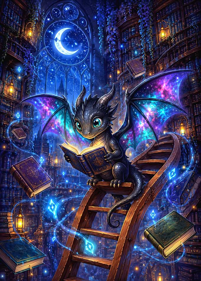 Baby Dragon Reading in Magical Library