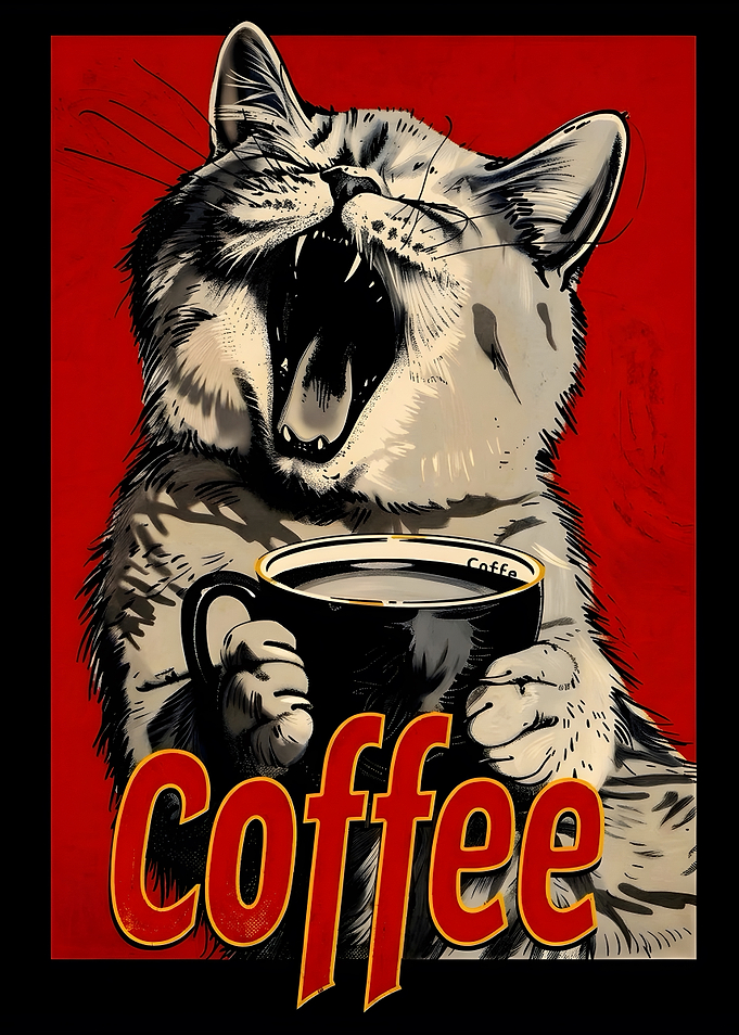 Yawning Cat Holding Coffee Mug