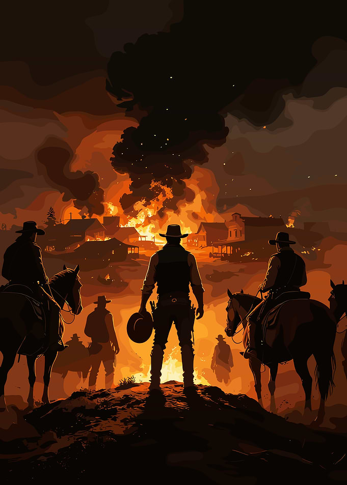Cowboys Watching a Burning Town