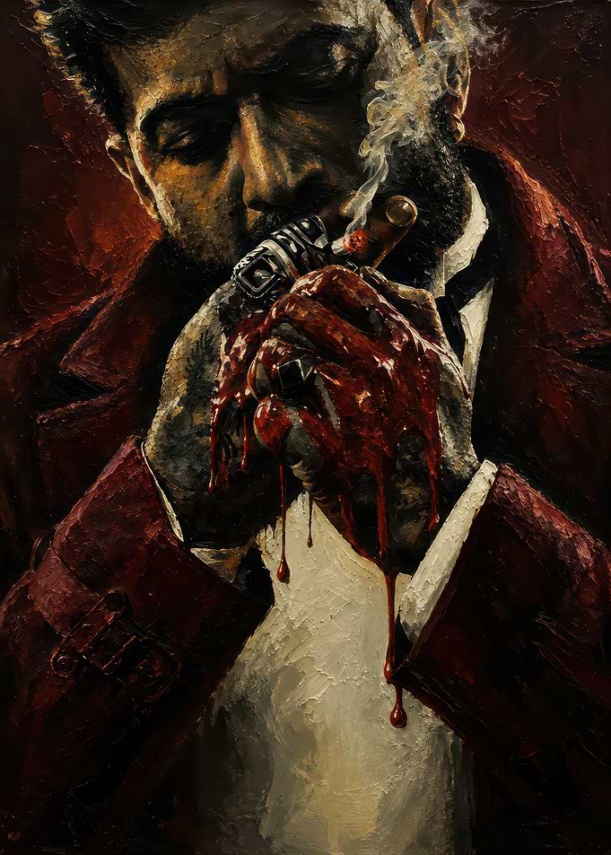Man Lighting Cigar with Bloody Hands