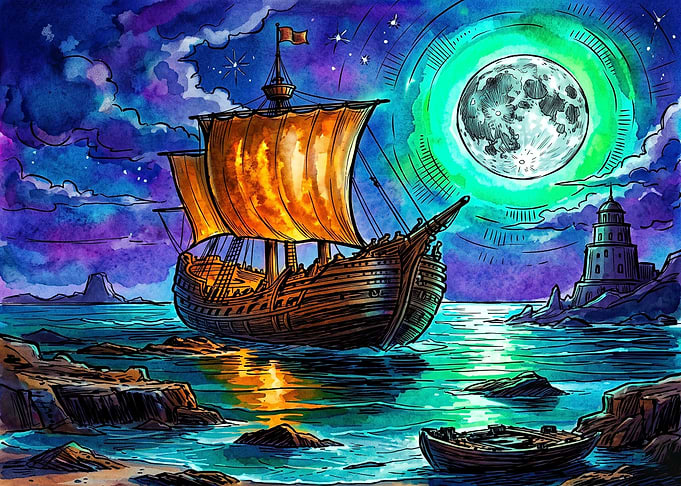 Fantasy Ship Under Glowing Moon