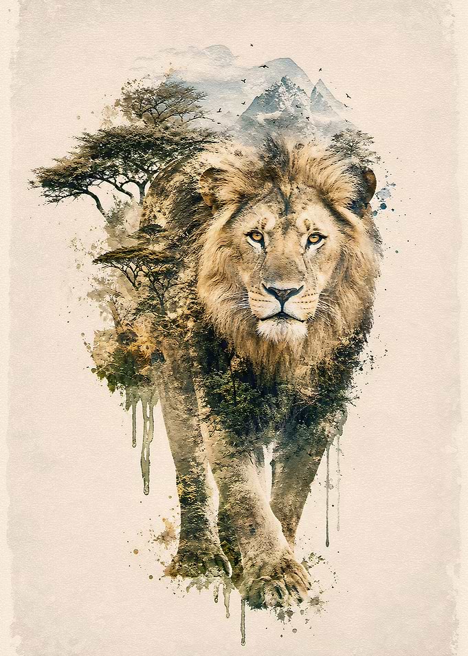 Double Exposure Lion and Savannah Landscape
