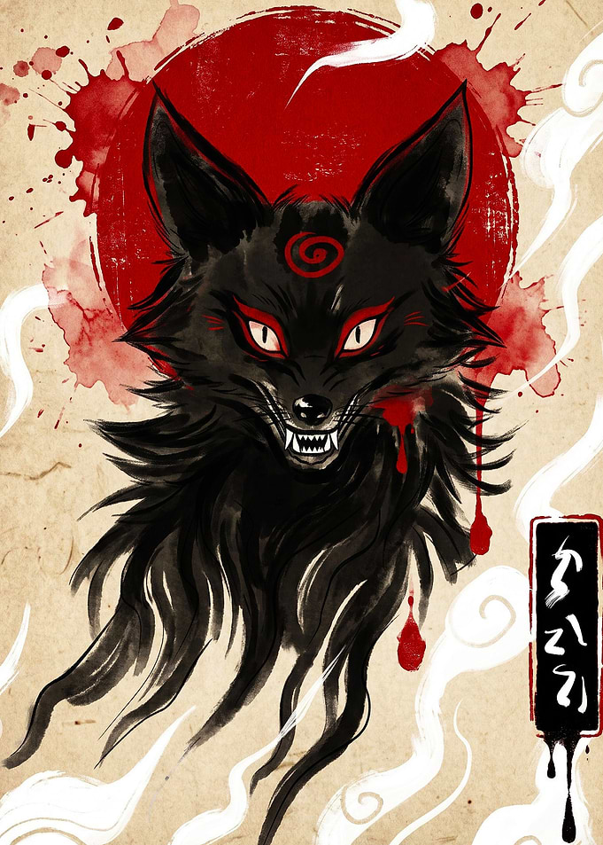 Dark Kitsune Japanese Ink Illustration