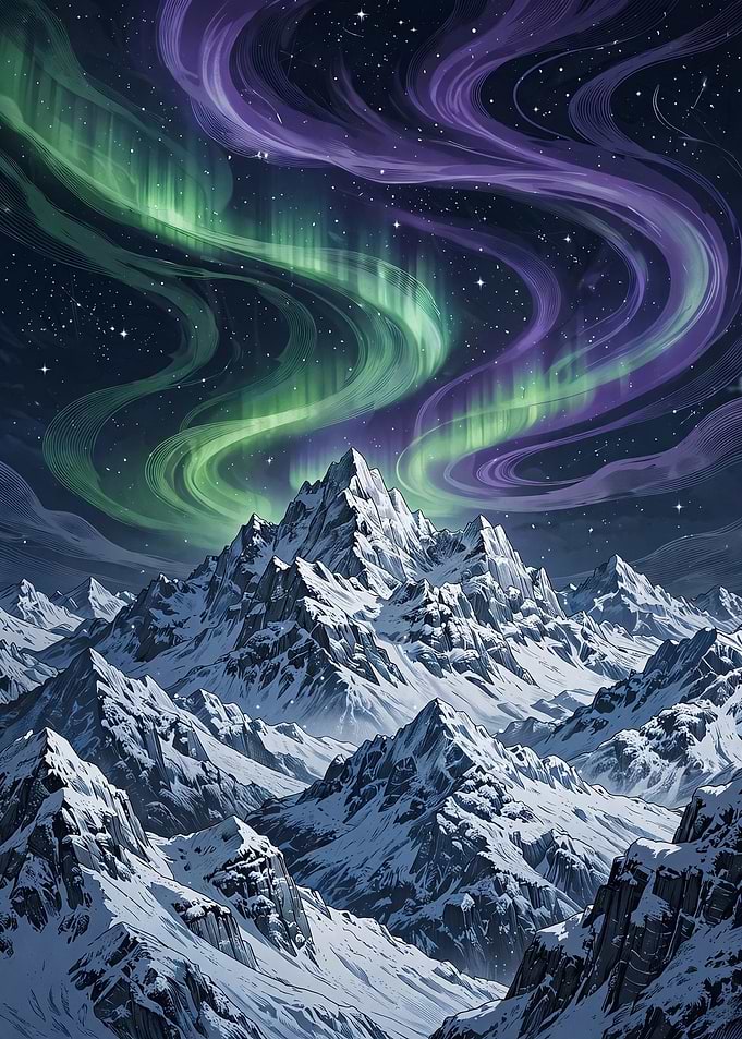Snowy Mountains Under Northern Lights