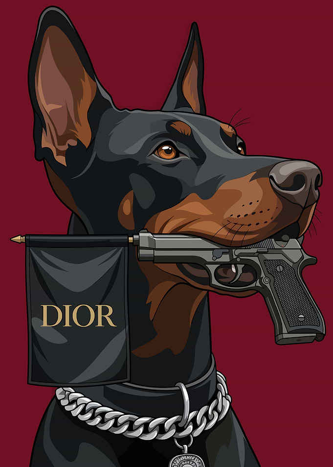 Doberman with Dior Flag
