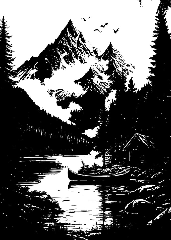 Black and White Mountain Lake Scene
